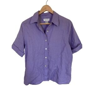 Pure & Simple Womens Lavender Linen Button-Up Shirt Size Medium Short Sleeve